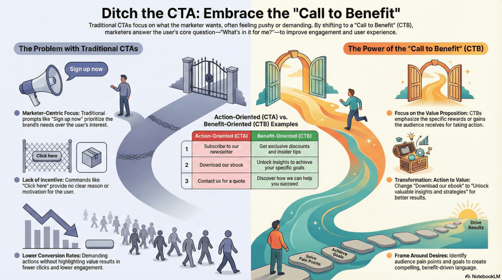 Infographic on why you should ditch the CTA and embrace the CTB - Call to Benefit.