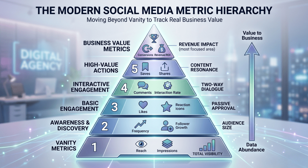 Social Media Metric Hierarchy to show how you can track real business value beyond vanity metrics.